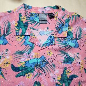 Disney Stitch Mens XXL Pink Tropical Hawaiian Shirt Rayon Button Down Mad Engine